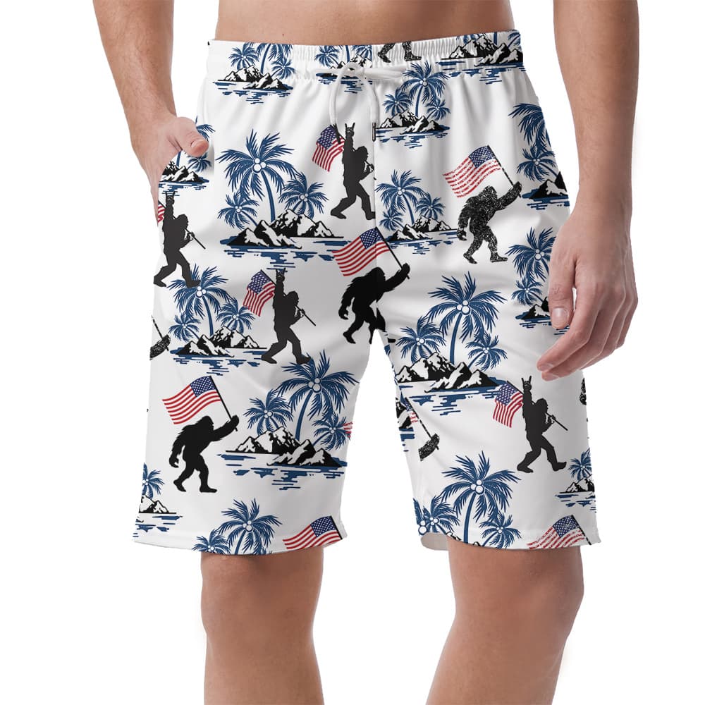 Cool Bigfoot 4th Of July Palm Trees Hawaiian Beach Shorts For Men