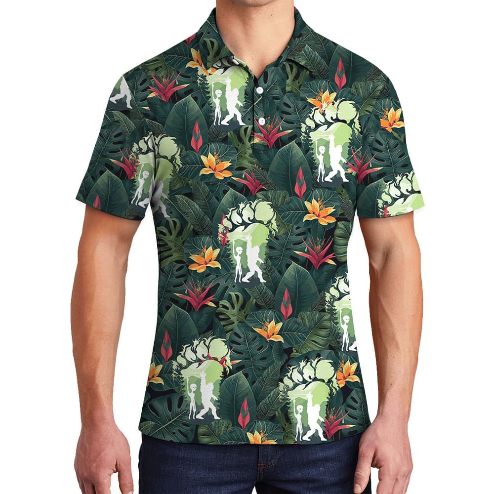 Cool Bigfoot And Alien Tropical Hawaiian Polo Shirt For Men