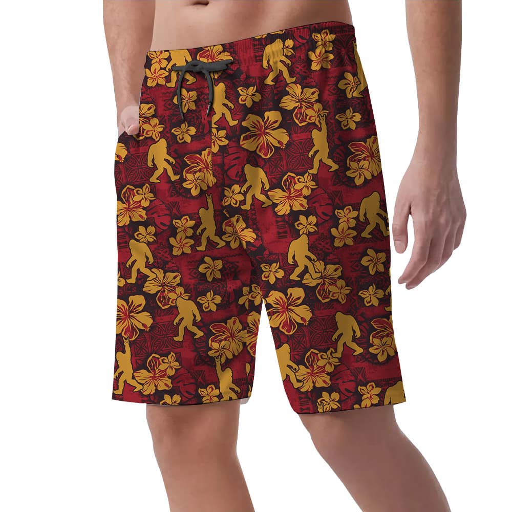 Cool Bigfoot Hibiscus Classic Red Hawaiian Beach Shorts For Men