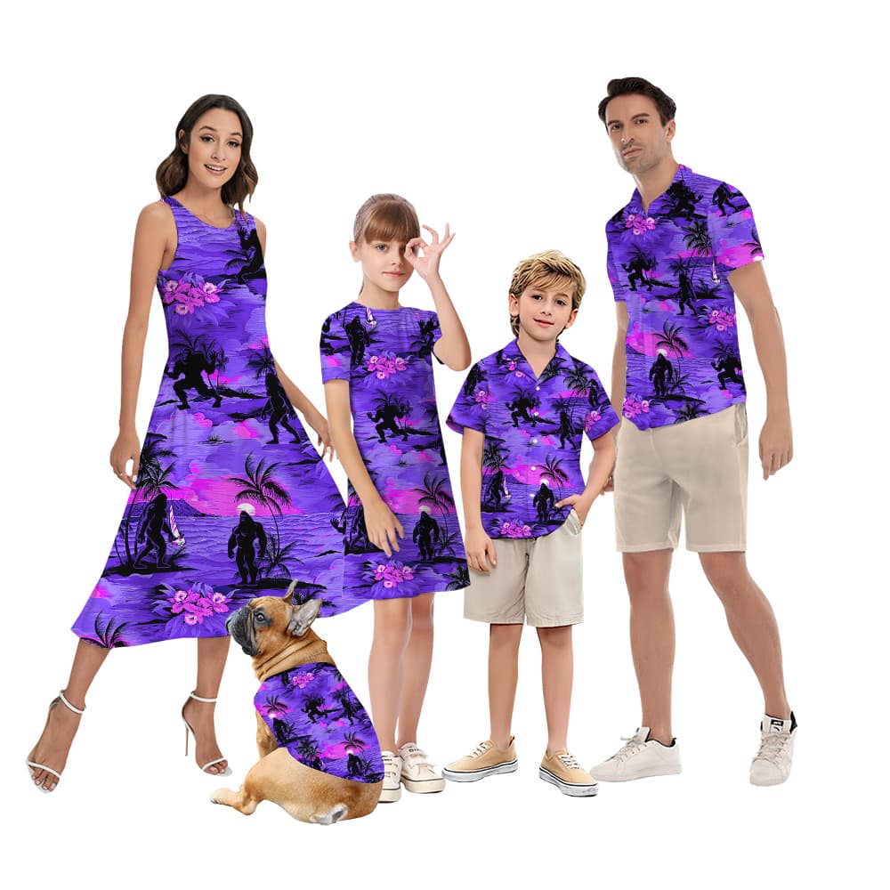 Cool Bigfoot Tropical Sunset Beach Palm Trees Matching Family Hawaiian Shirts