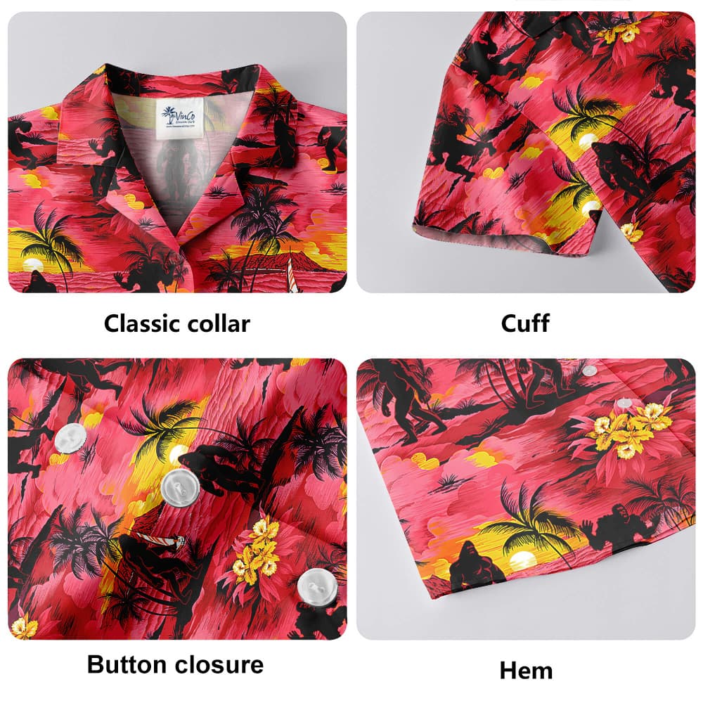 Cool Bigfoot Tropical Sunset Beach Palm Trees Red Hawaiian Shirt