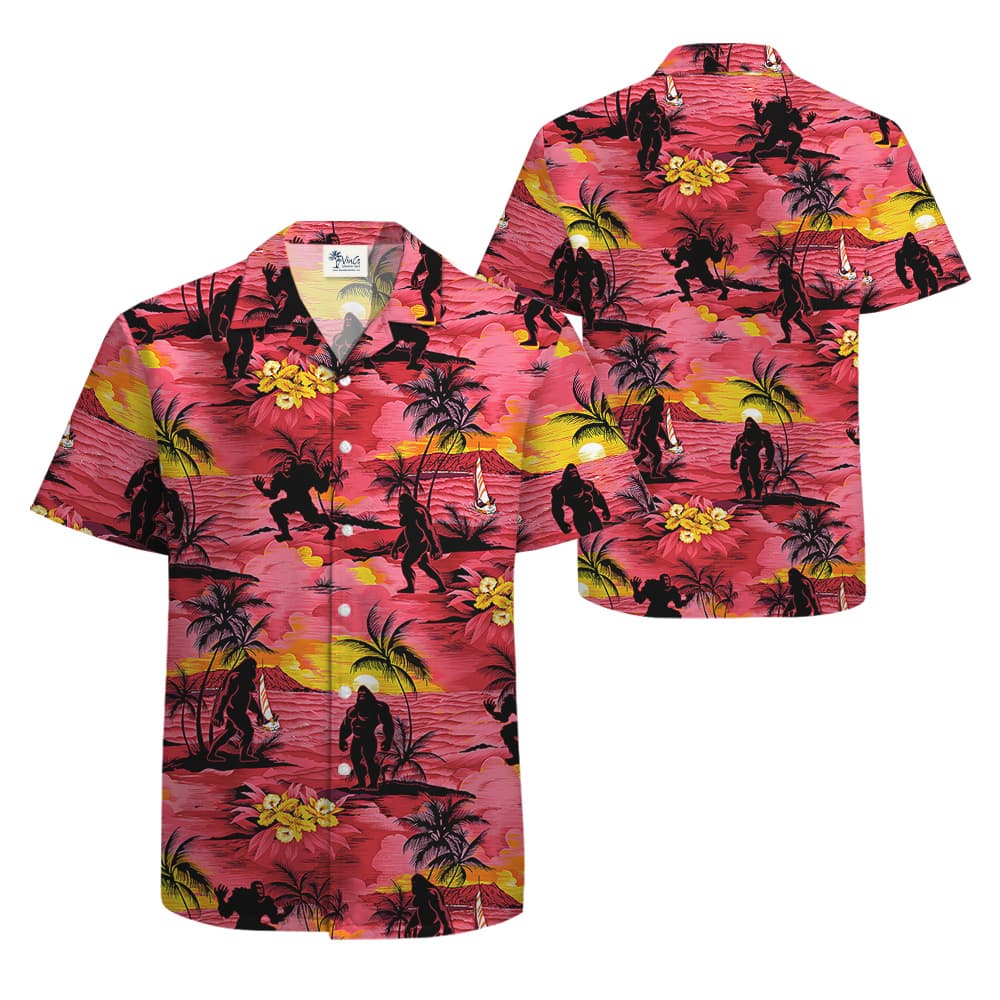Cool Bigfoot Tropical Sunset Beach Palm Trees Red Hawaiian Shirt