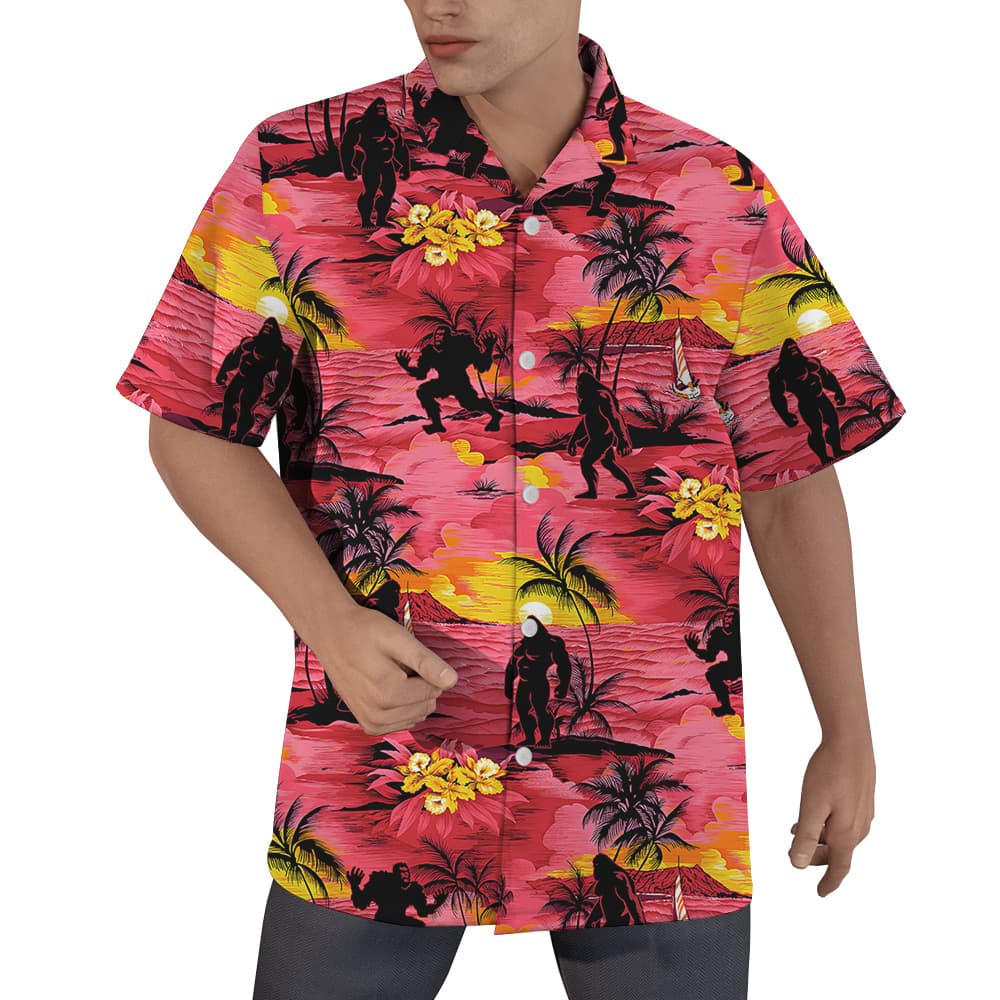 Cool Bigfoot Tropical Sunset Beach Palm Trees Red Hawaiian Shirt (5)