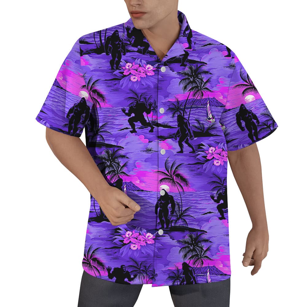 Cool Bigfoot Tropical Sunset Beach Theme Purple Hawaiian Shirt (1)