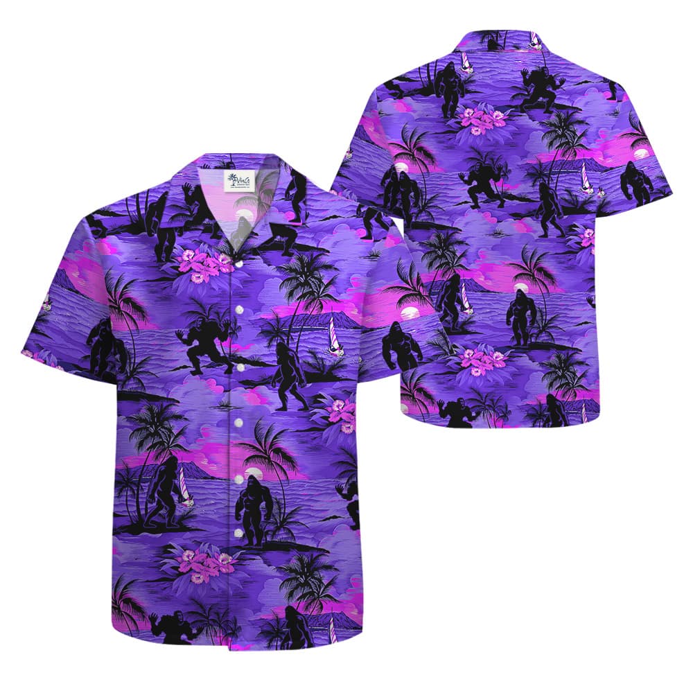 Cool Bigfoot Tropical Sunset Beach Theme Purple Hawaiian Shirt