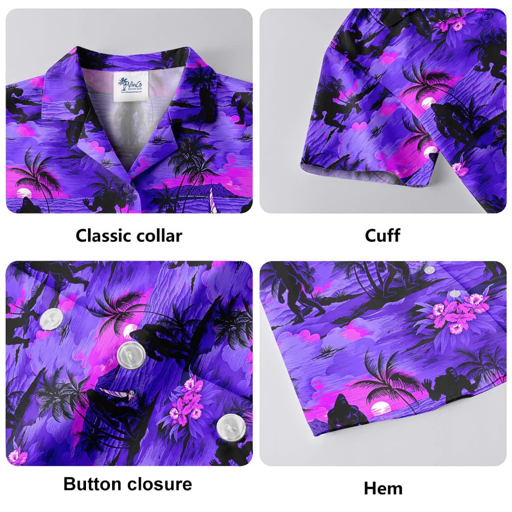 Cool Bigfoot Tropical Sunset Beach Theme Purple Hawaiian Shirt