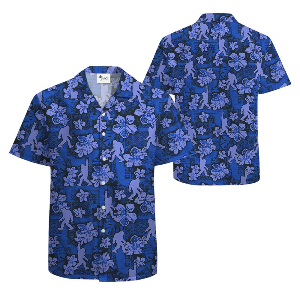 Cool Bigfoot Vintage Hibiscus Navy Hawaiian Button Up Shirt