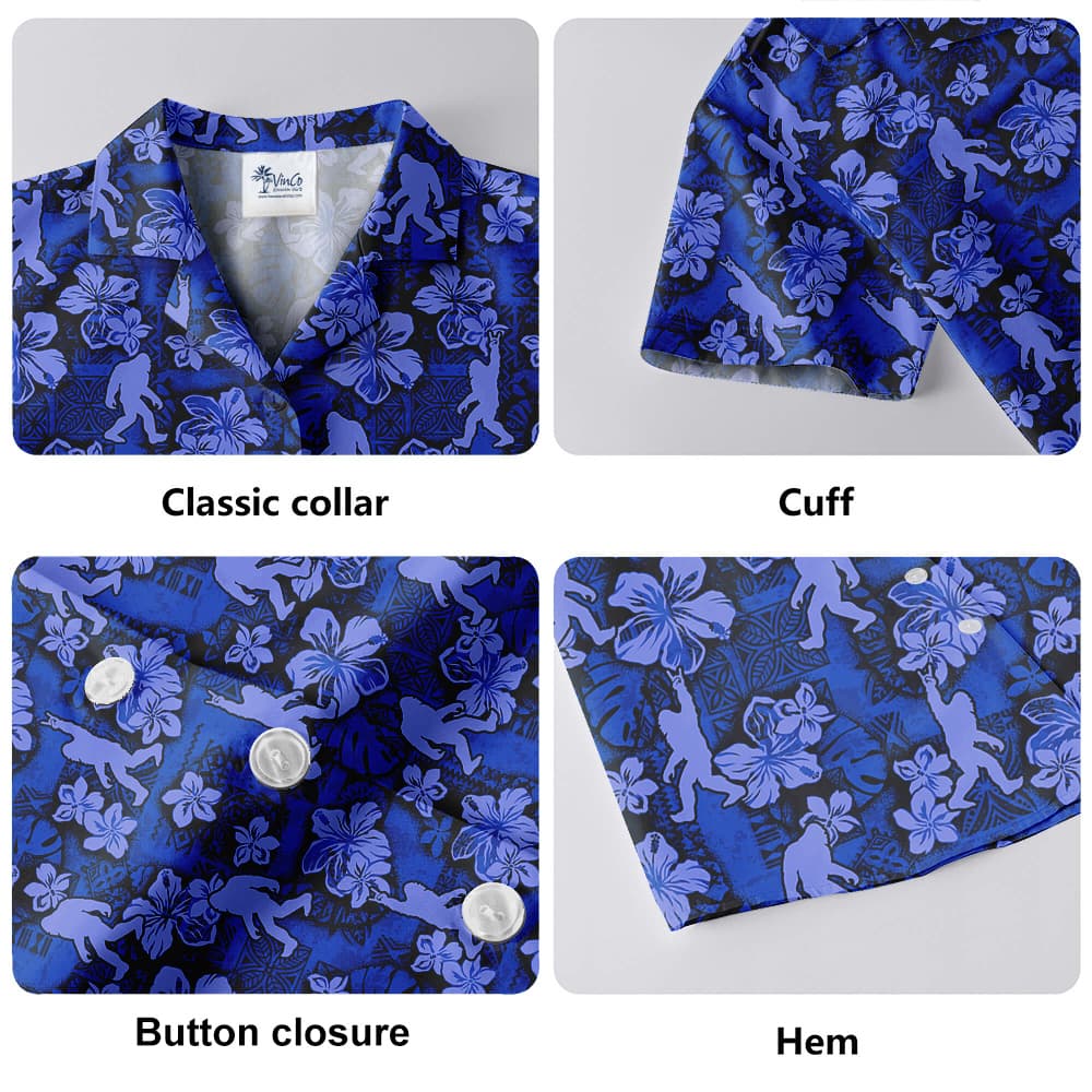 Cool Bigfoot Vintage Hibiscus Navy Hawaiian Button Up Shirt