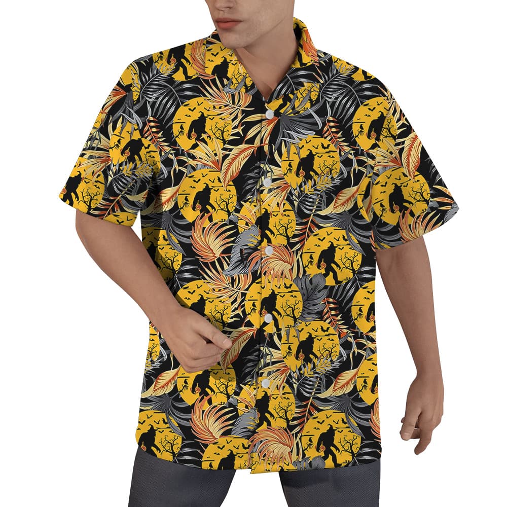 Cool Bigfoot With Pumpkin Halloween Orange Hawaiian Shirt (1)