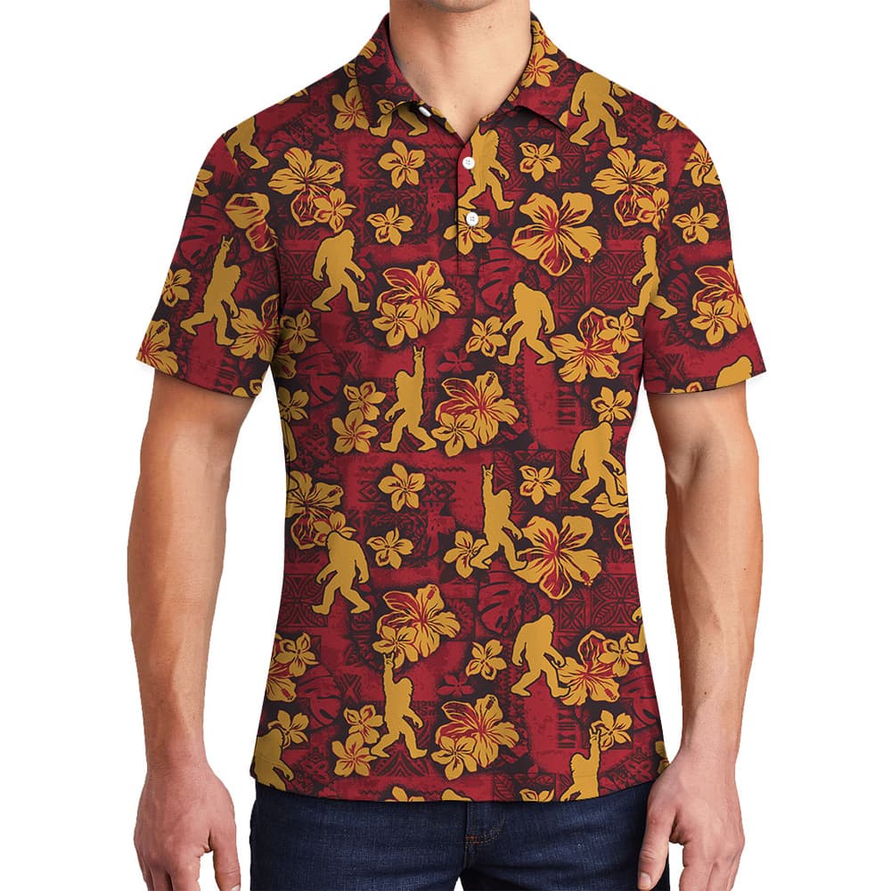 Cool Sasquatch Hibiscus Vintage Red Polo Golf Shirt For Men
