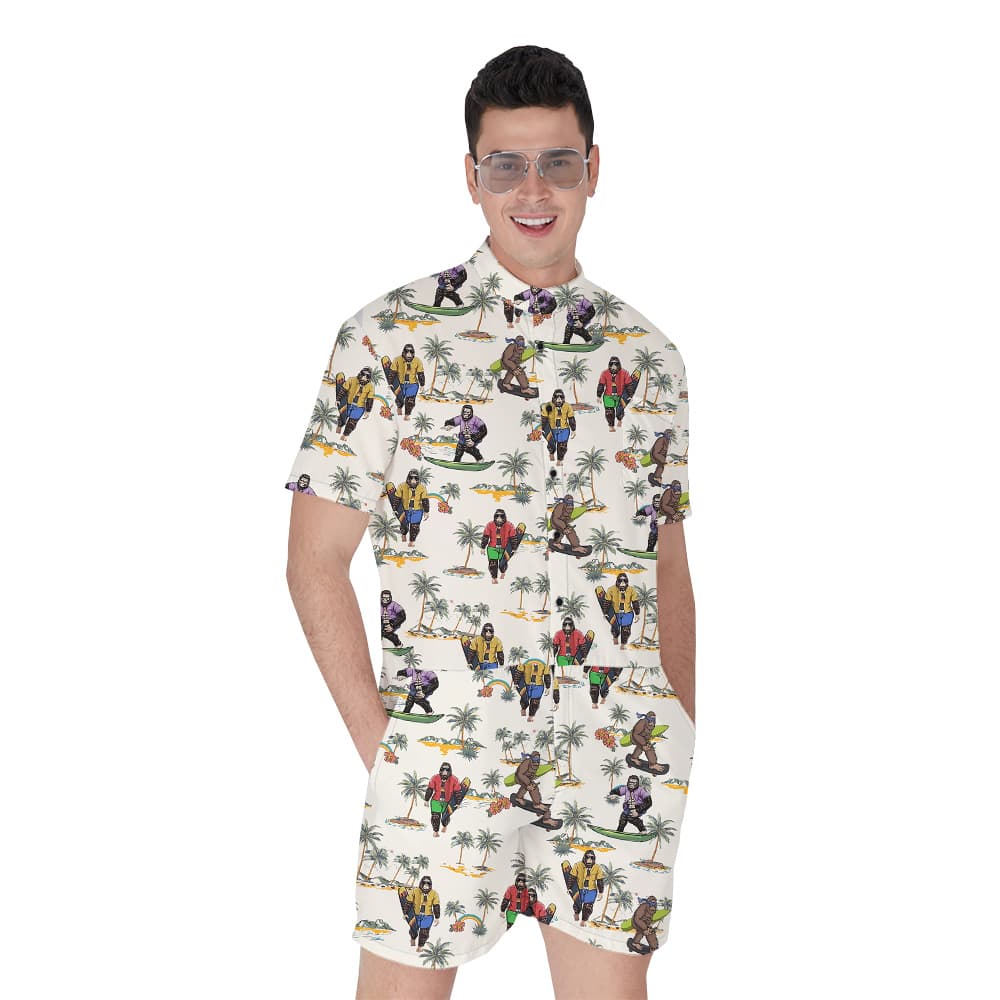 Cool Sasquatch With Surfing Board Tropical Islands Hawaiian Romper For Men