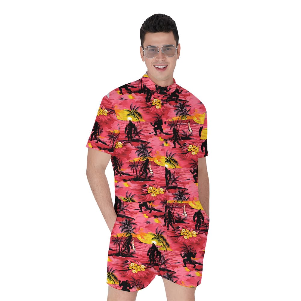 Cool Tropical Sunset Beach Theme Bigfoot Red Men's Hawaiian Romper