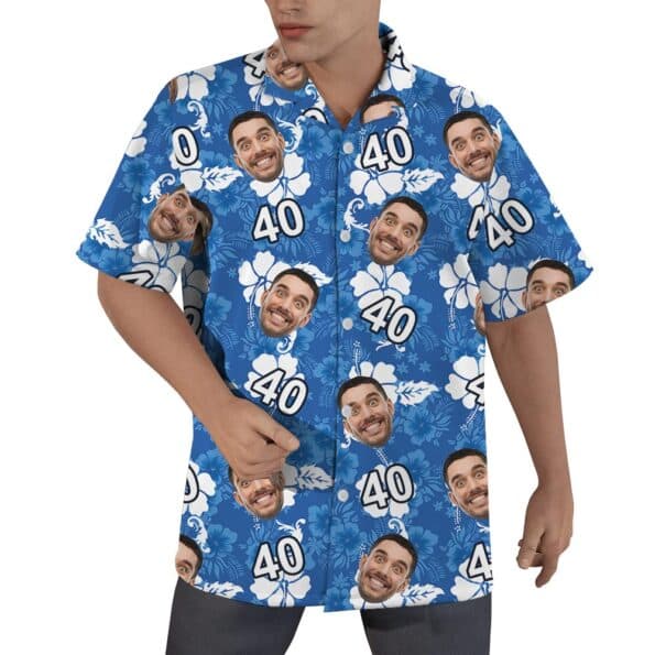 Custom Birthday Photo Blue Floral Shirt For Men