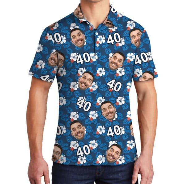 Custom Face Birthday Men's Hawaiian Polo Shirt Hibiscus Navy