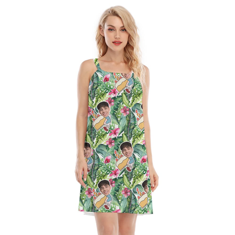 Custom Face Green Forest Birthday Hawaiian Cami Dress with Hibiscus Pattern1