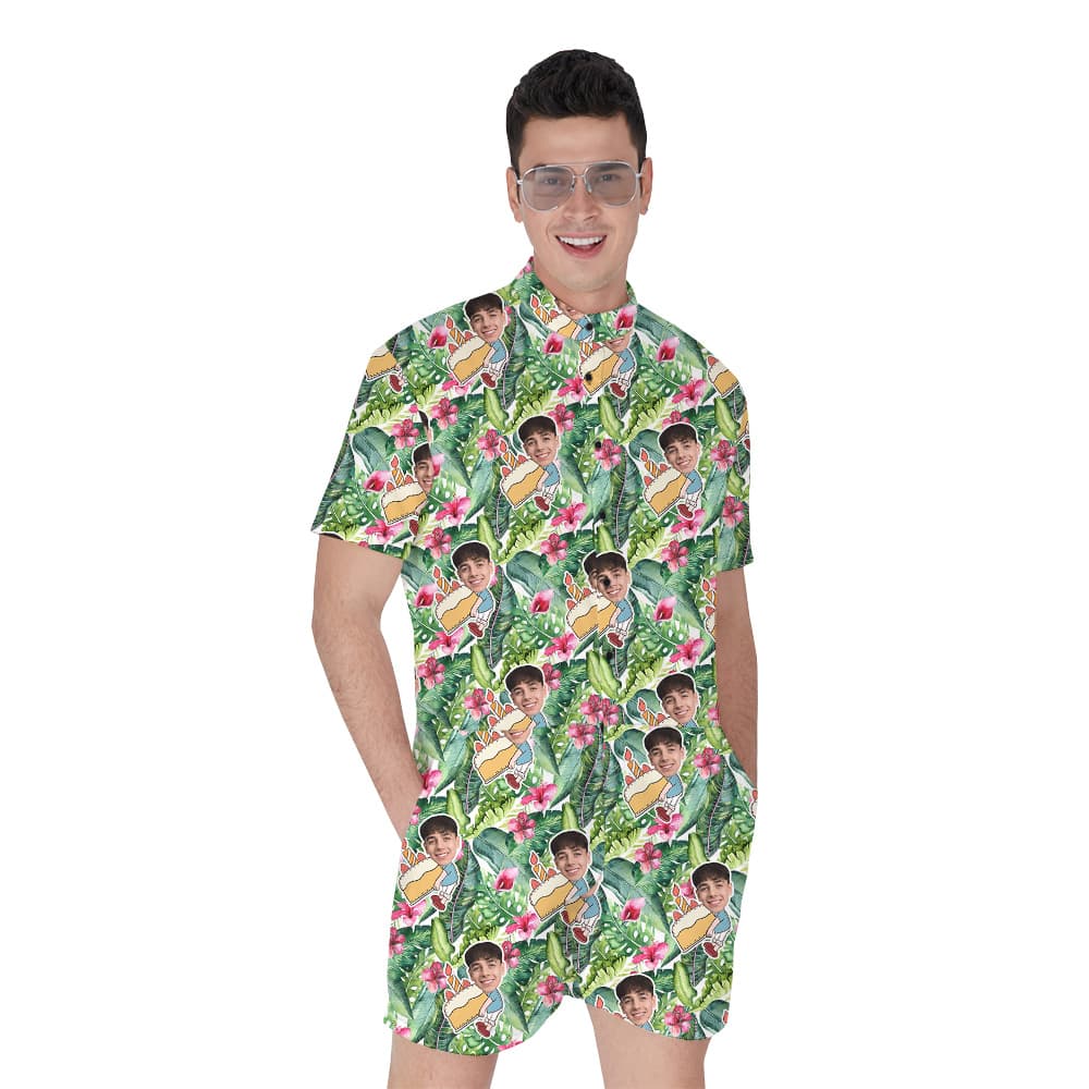 Custom Face Green Forest Birthday Hawaiian Romper for Men1
