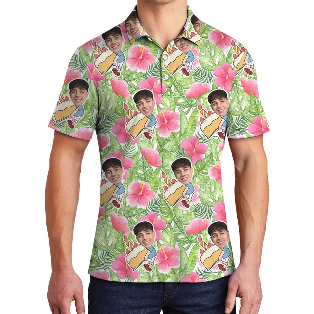 Custom Face Hibiscus on Green Palm Birthday Hawaiian Polo Shirt for Men1