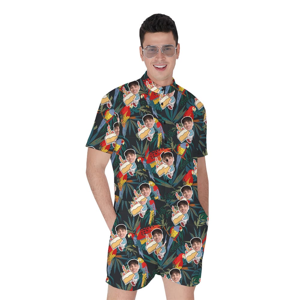 Custom Face Parrots Funky Green Birthday Aloha Romper for Men1
