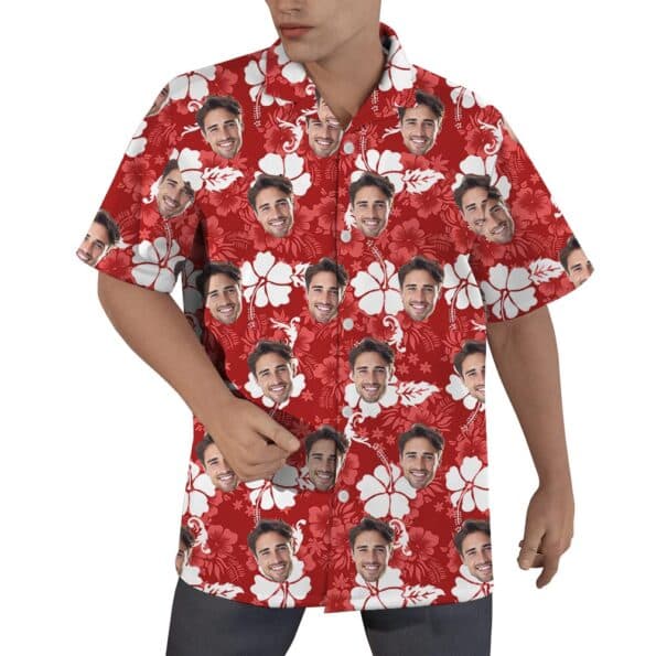 Custom Face Red Hibiscus Button Up Shirt For Men