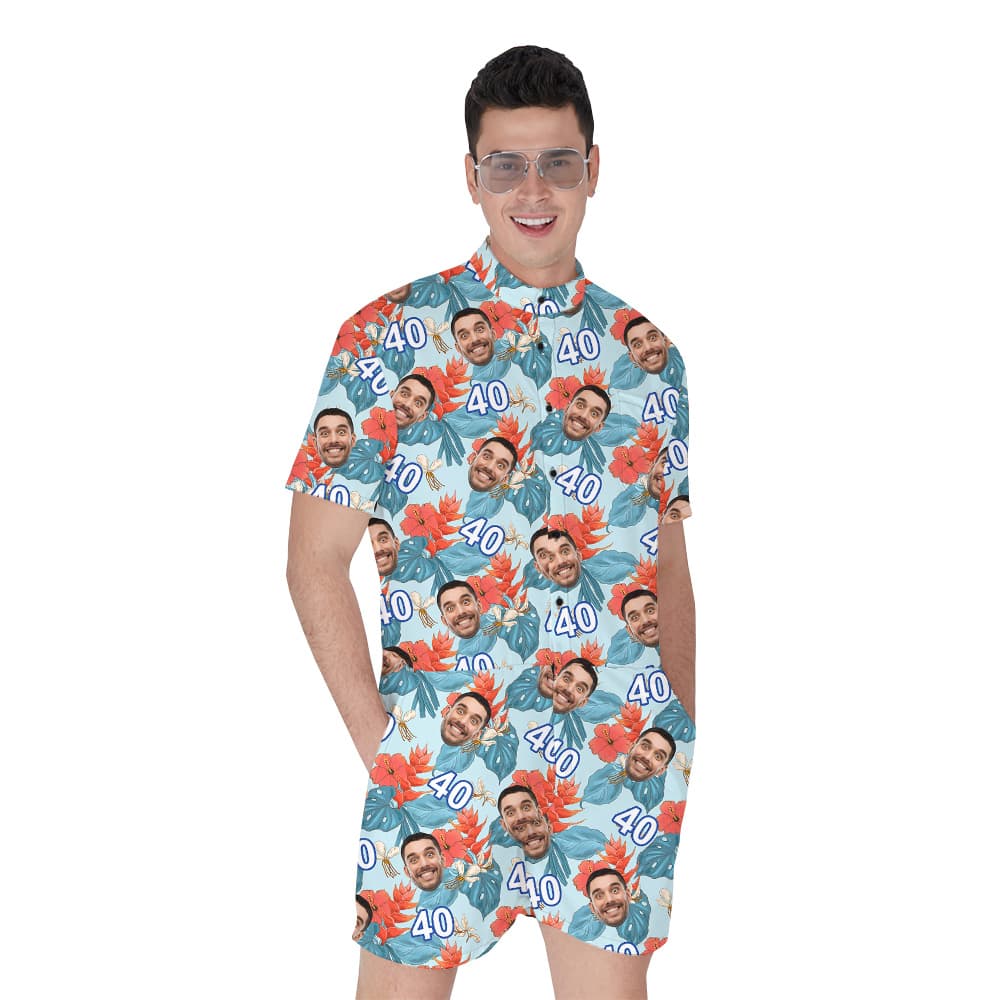 Custom Face and Age Funny Blue Birthday Hawaiian Romper for Men1