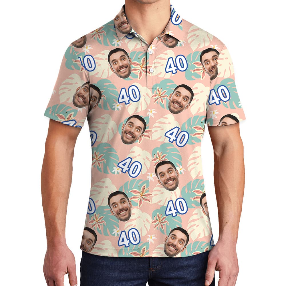 Custom Face and Age Funny Pink Birthday Hawaiian Polo Shirt Mens1