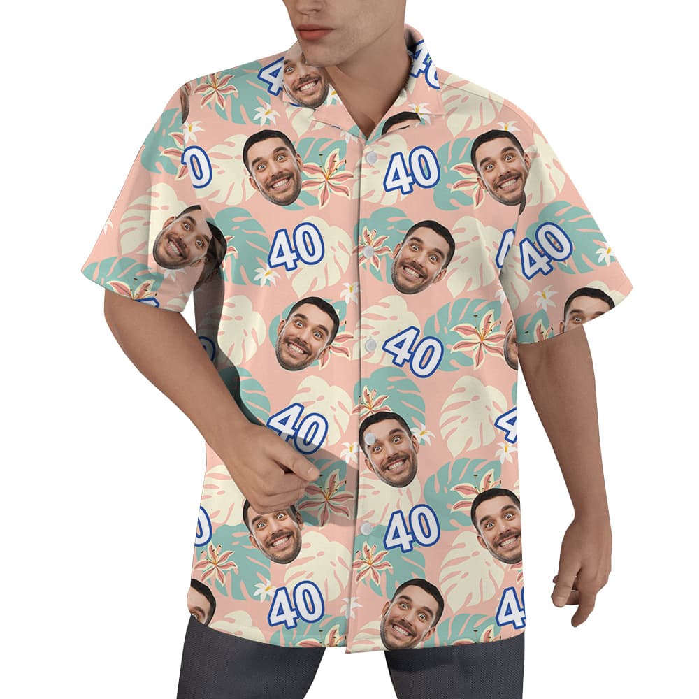 Custom Face and Age Funny Pink Birthday Hawaiian Polo Shirt Mens
