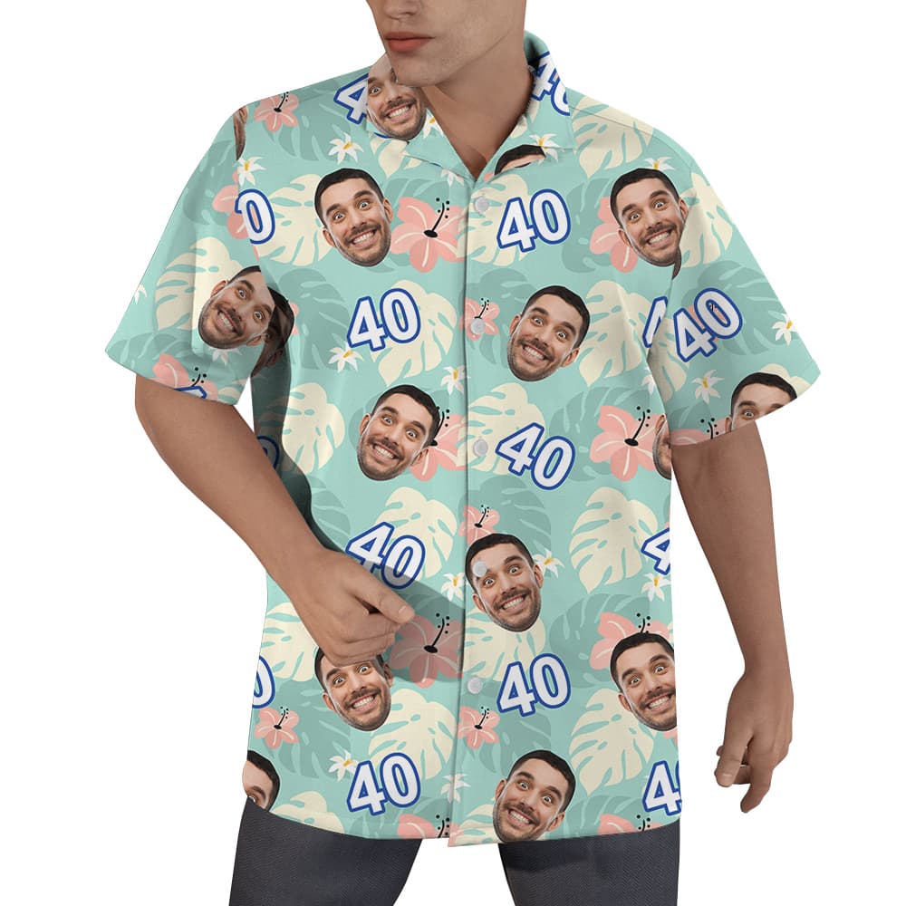 Custom Face and Age Green Birthday Hawaiian Shirt Mens1
