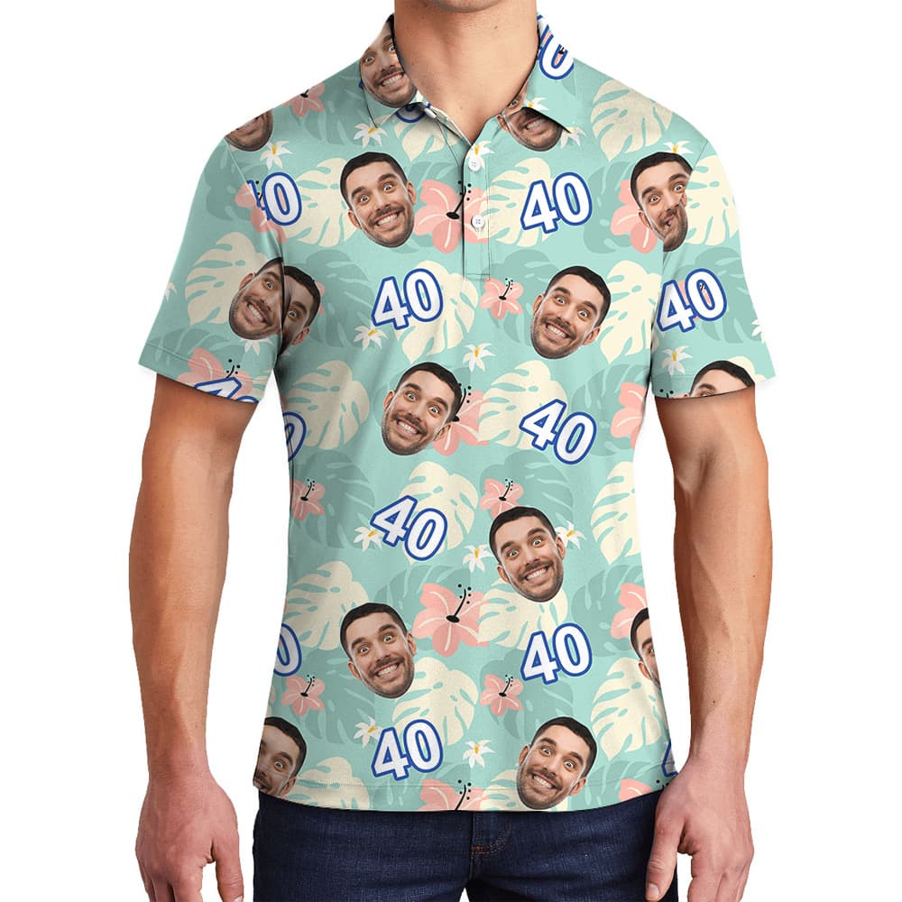 Custom Face and Age Green Birthday Polo Hawaiian Shirt Mens1