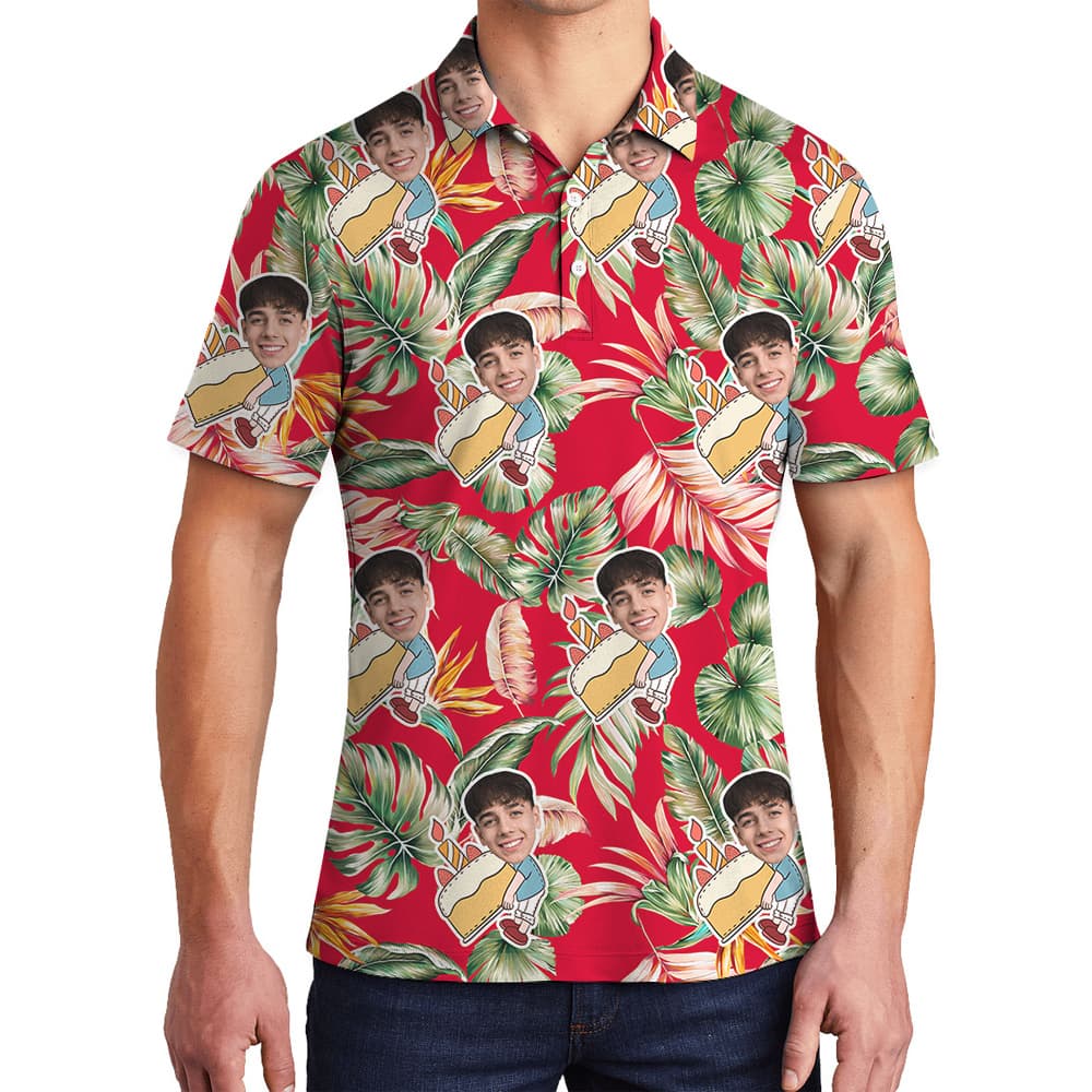 Custom Face and Age Red Birthday Hawaiian Polo Shirt for Men1