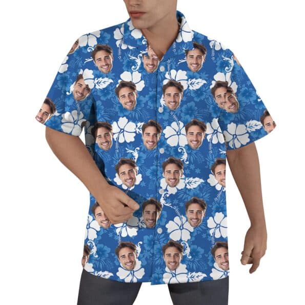 Custom Your Face Blue Hibiscus Aloha Shirt For Men