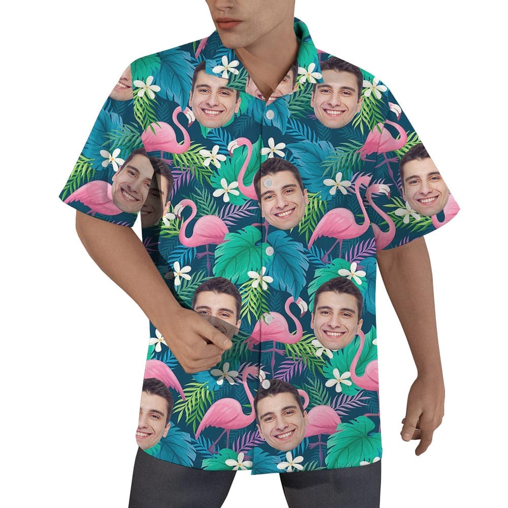Custom Your Face Flamingo Men's Hawaiian Shirt Button Up mock up on a man model