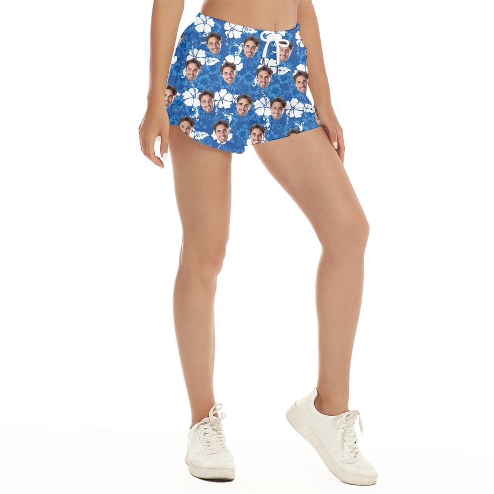 Customized Faces Women's Beach Shorts Blue Hibiscus