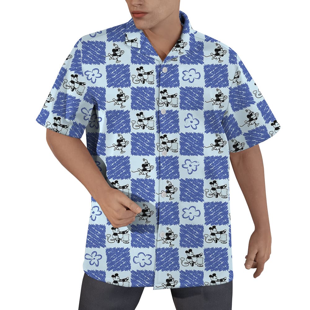 Cute Mickey Steamboat Willie 1928 Floral Blue Hawaiian Shirt (5)