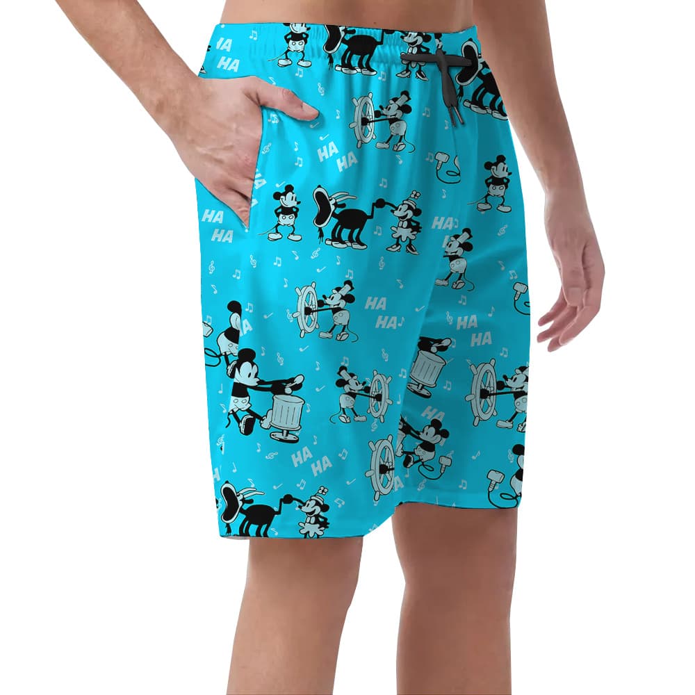 Cute Mickey Steamboat Willie Classic Blue Hawaiian Summer Shorts For Men