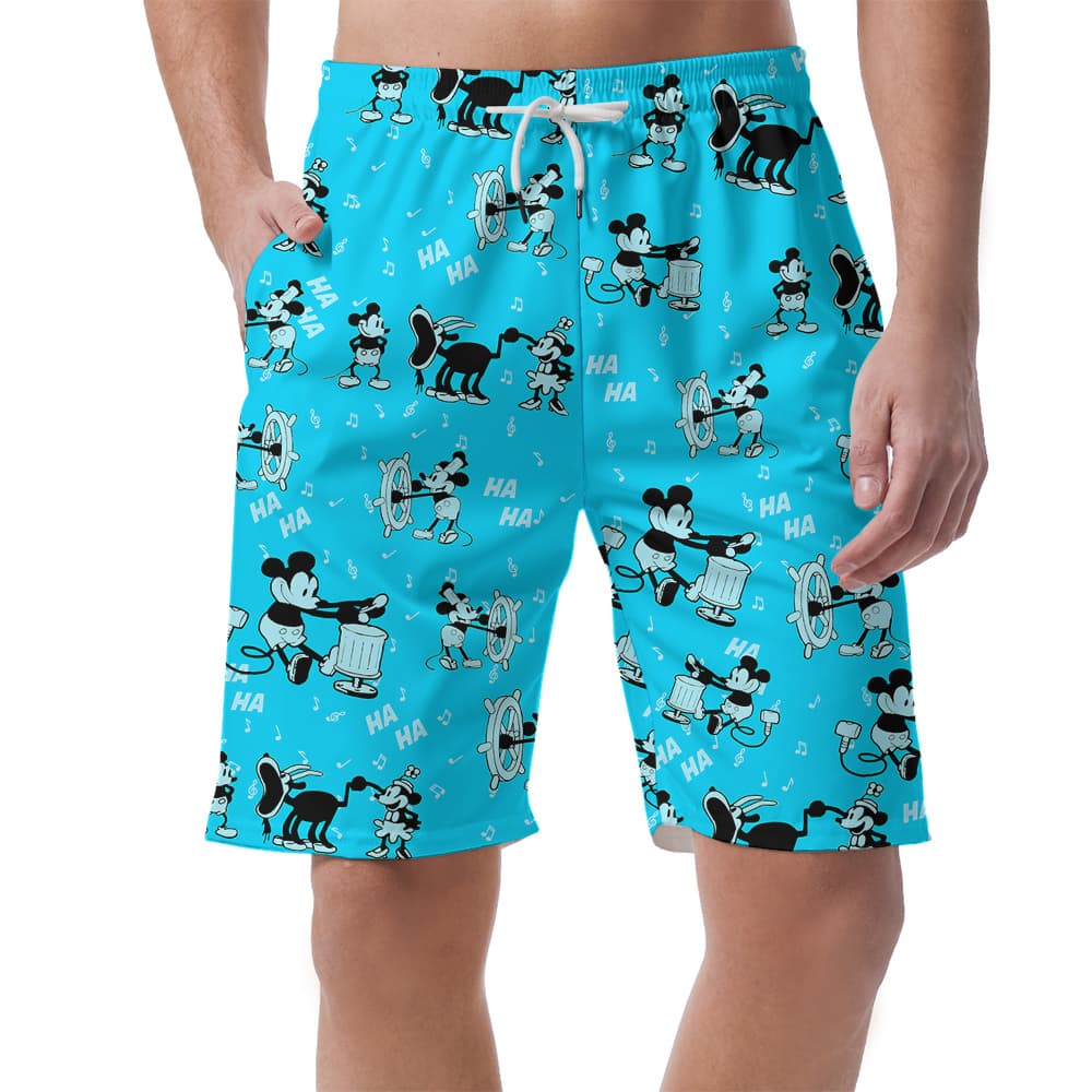 Cute Mickey Steamboat Willie Classic Blue Hawaiian Summer Shorts For Men