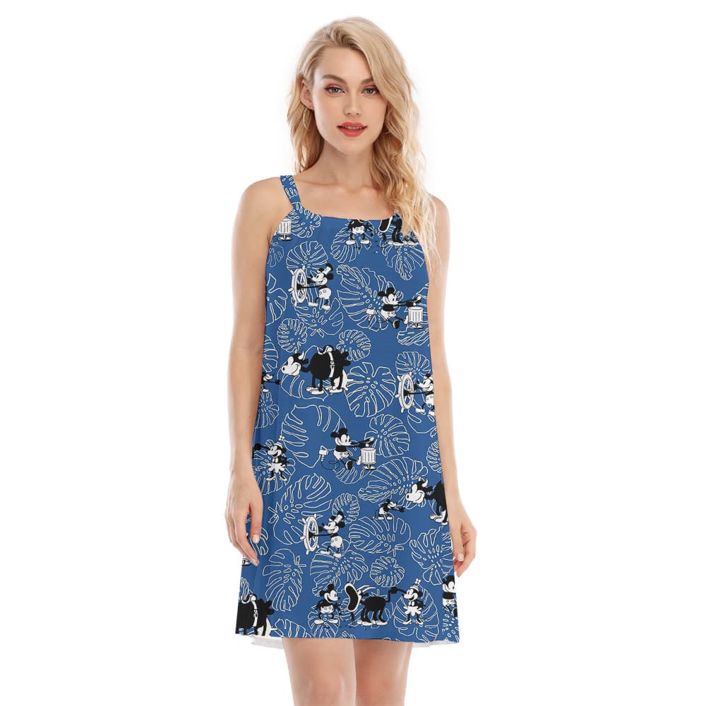 Cute Mickey Steamboat Willie Classic Tropical Leave Blue Hawaiian Dress
