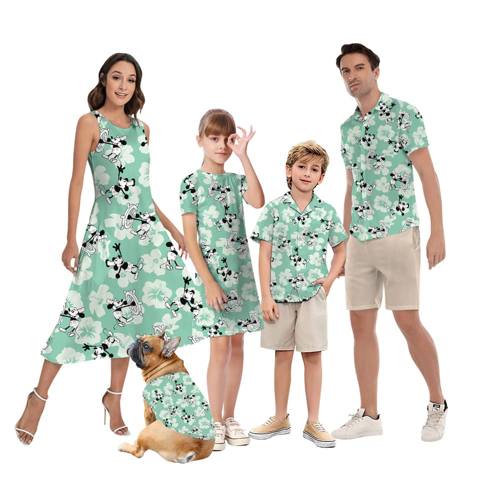Cute Mickey Steamboat Willie Floral Family Matching Hawaiian Outfits