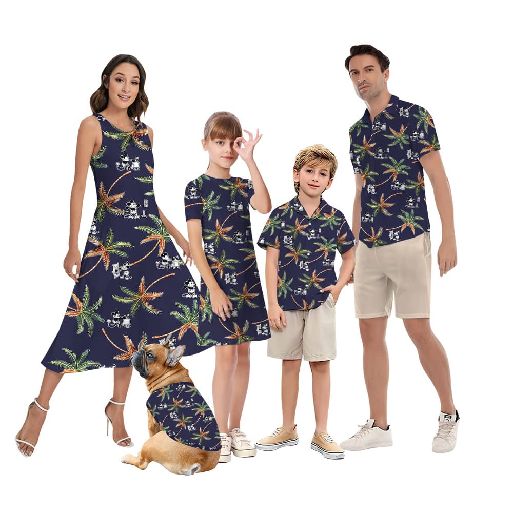 Cute Mickey Steamboat Willie Tropical Palm Tree Matching Hawaiian Outfits For Family