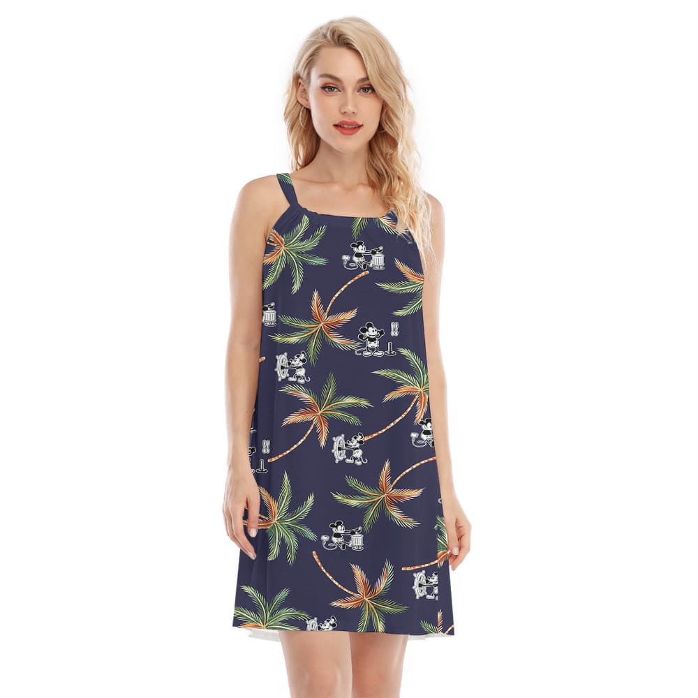 Cute Mickey Steamboat Willie Tropical Palm Tree Navy Hawaiian Cami Dress