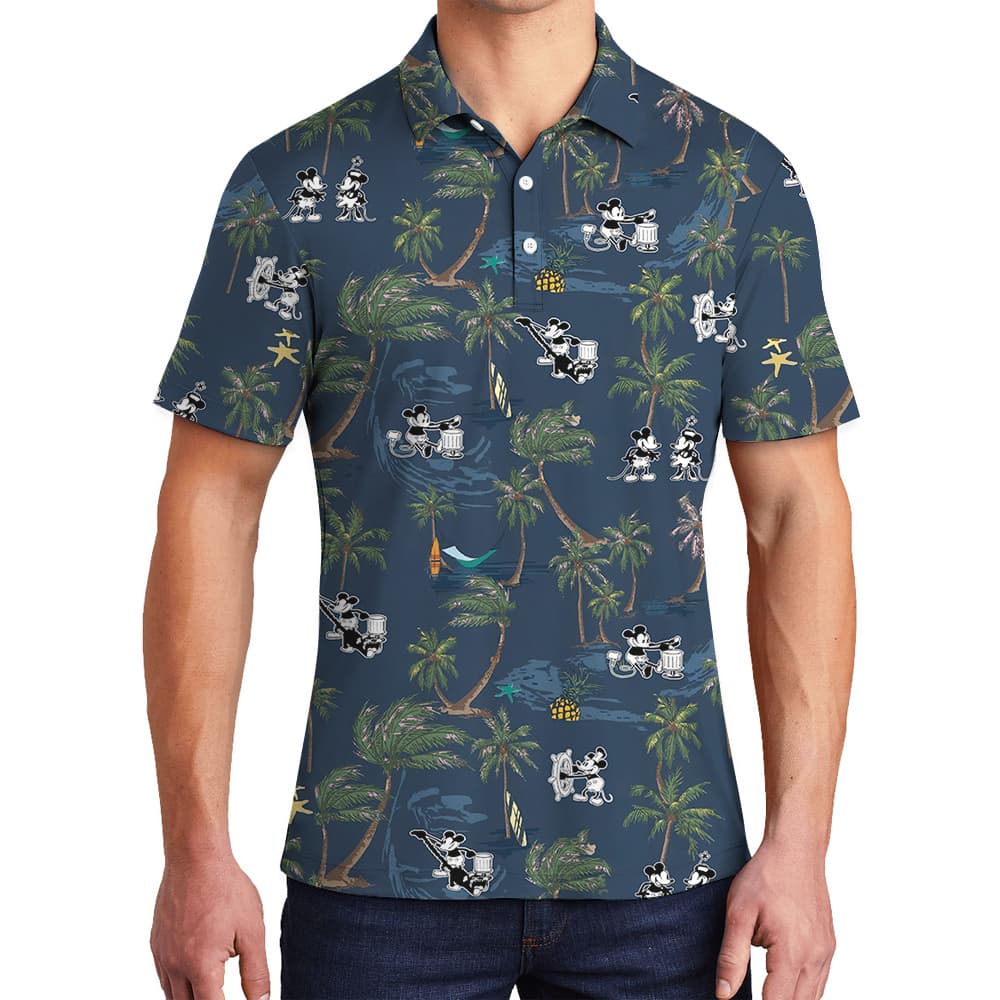 Cute Mickey Steamboat Willie Tropical Palm Trees Navy Hawaiian Polo Shirt
