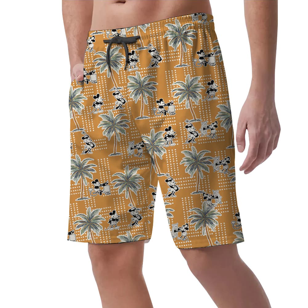Cute Mickey Steamboat Willie Tropical Palm Trees Yellow Hawaiian Beach Shorts For Men