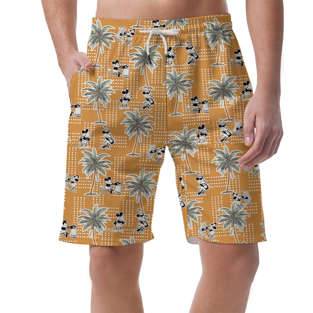 Cute Mickey Steamboat Willie Tropical Palm Trees Yellow Hawaiian Beach Shorts For Men
