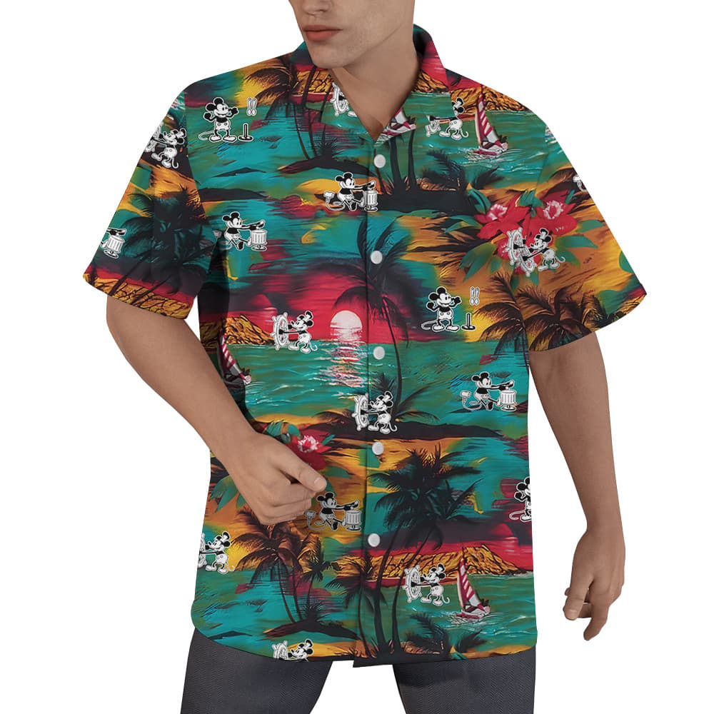 Cute Mickey Steamboat Willie Tropical Sunset Beach Hawaiian Shirt (1)