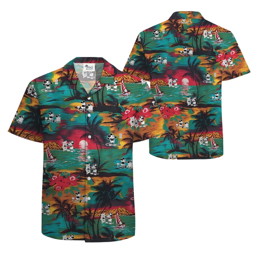 Cute Mickey Steamboat Willie Tropical Sunset Beach Hawaiian Shirt
