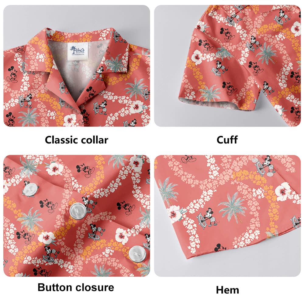 Cute Mickey Steamboat Willie Vintage Floral Pink Hawaiian Shirt
