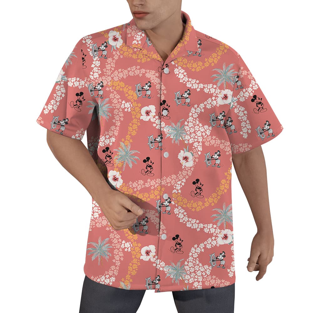 Cute Mickey Steamboat Willie Vintage Floral Pink Hawaiian Shirt (5)