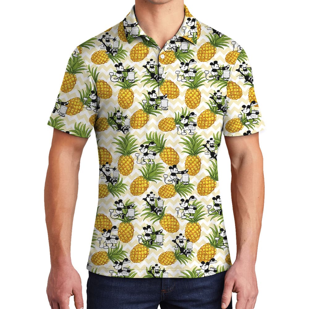 Cute Mickey Steamboat Willie Yellow Pineapple Hawaiian Polo Shirt