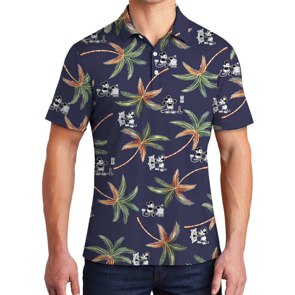 Cute Steamboat Willie Mickey Tropical Navy Hawaiian Polo Shirt