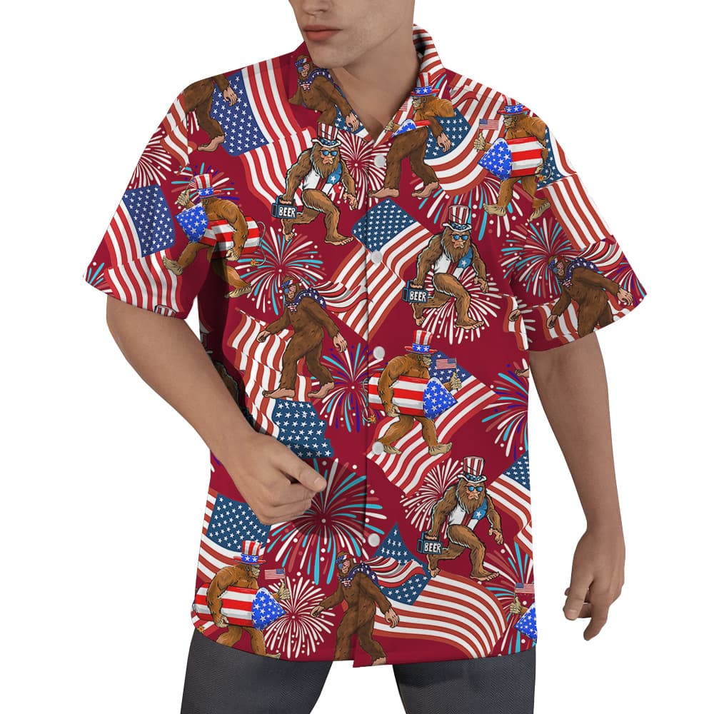 Firework American Flag Bigfoot 4th Of July Red Hawaiian Shirt (1)