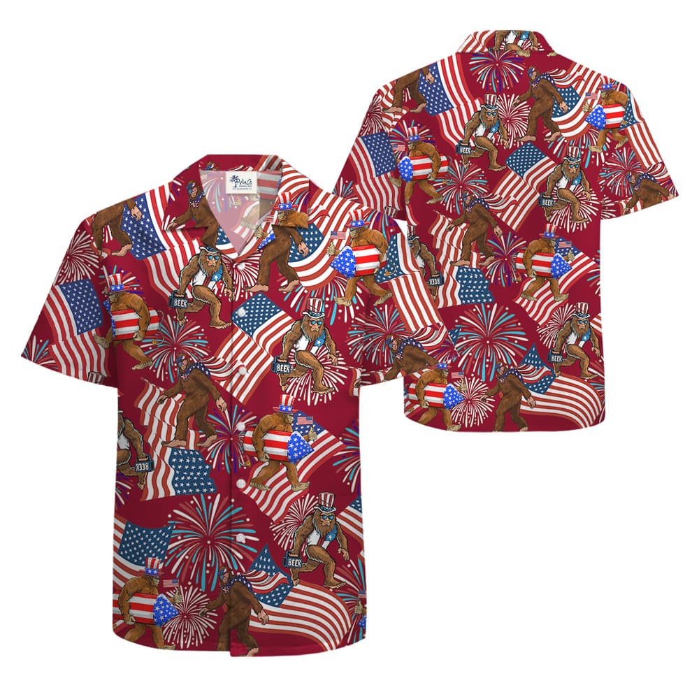 Firework American Flag Bigfoot 4th Of July Red Hawaiian Shirt